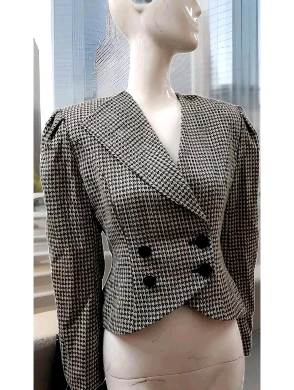 Neiman Marcus Jacket Wool Black Houndstooth 80s Wide Big Shoulders Avante-garde